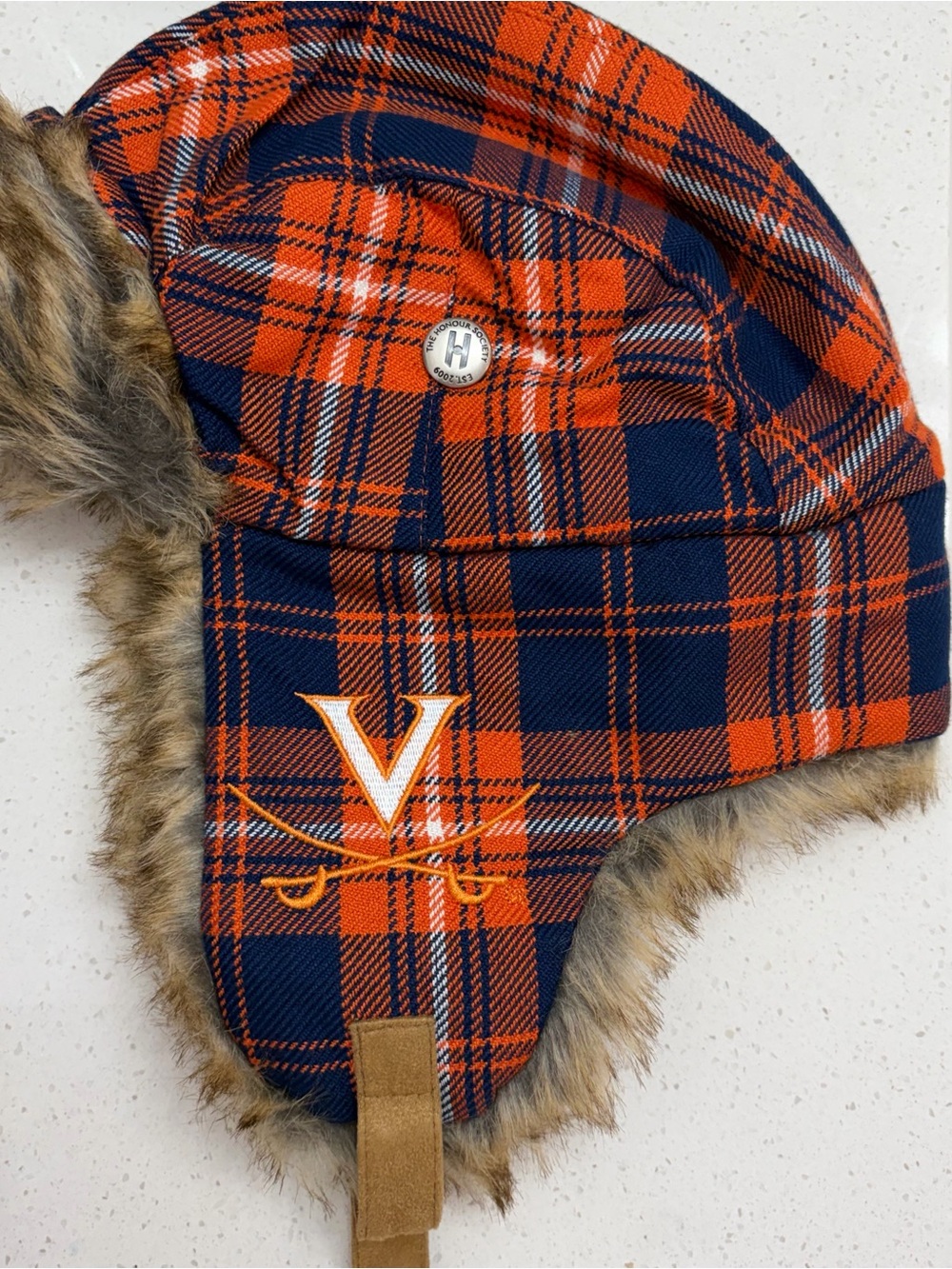 UVA The Honour Society Plaid Trapper Hat with Faux Fur Lining NWT